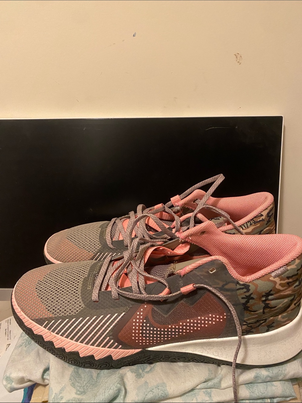 Nike Gray and Pink Camouflage Accent Athletic Running Shoes